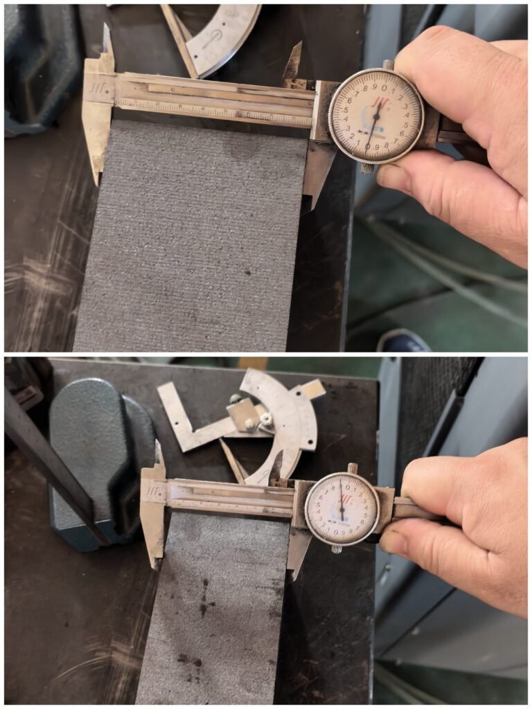 Graphite Cutting Solution Dial caliper measuring the width and thickness of a wire-cut graphite bar