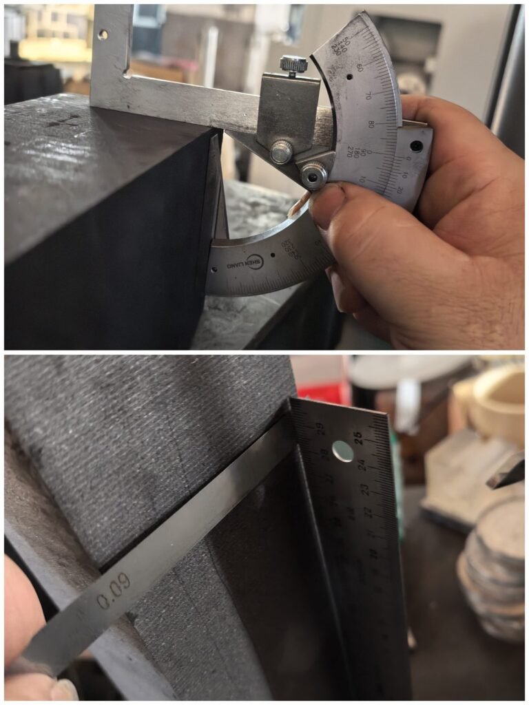 Graphite Cutting Solution Squareness check on a graphite bar with a square, bevel protractor and 0.09 mm feeler gauge